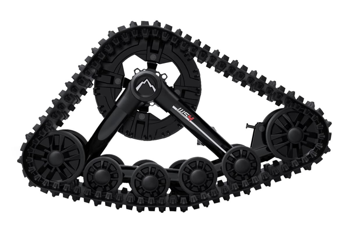 A single ATV track unit photographed alone on a white ground: triangulated arm, drive sprocket at the top, four mid-rollers along the bottom, front and rear idlers, wrapped in a lugged rubber belt.